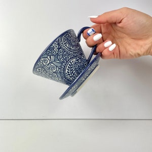 Blue Maricruz Pour Over Cup - Mexican Clay Mug, Hand Painted Mug, Pottery Mug, Handmade Ceramic Mug, Handmade Pottery Coffee Mug