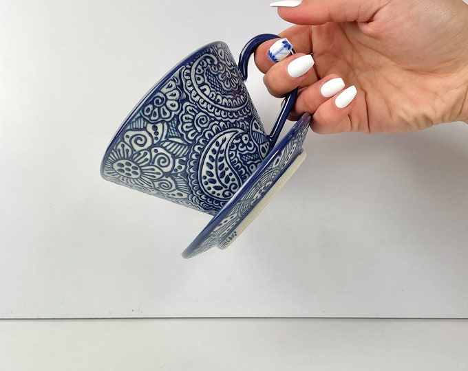 Blue Maricruz Pour Over Cup - Mexican Clay Mug, Hand Painted Mug, Pottery Mug, Handmade Ceramic Mug, Handmade Pottery Coffee Mug