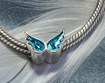 Cremation ashes Angel wing charm. Pandora compatible. Sterling silver