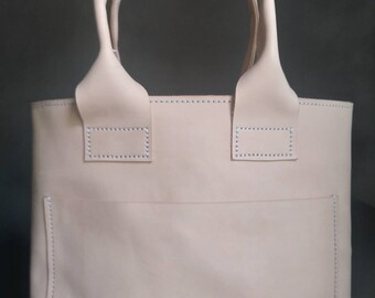 Natural veg tan leather tote bag un-dyed with zipper.Daily bag.Shopper bag.