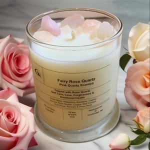 Fairy Rose Quartz Crystal Candle – Pink Quartz Scented 10oz Soy Candle with Rose Quartz Crystals | Self-Care, Love, Healing Gift