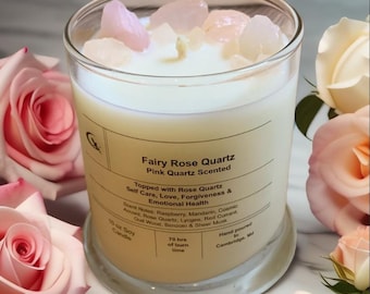 Fairy Rose Quartz Crystal Candle – Roze kwarts geurende 10oz sojakaars met rozenkwartskristallen | Cadeau voor zelfzorg, liefde en genezing