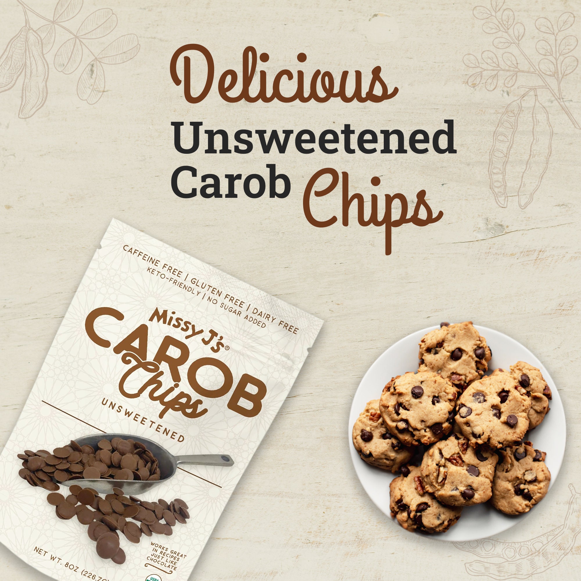 Missy Js Organic Unsweetened Carob Chips, 8oz, Vegan Gluten Free