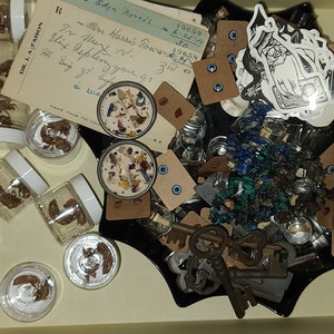 May include: A black tray filled with various trinkets, including small glass jars, keys, and decorative items. The tray is surrounded by small glass jars containing dried insects. A vintage postcard with handwritten text is visible in the background.