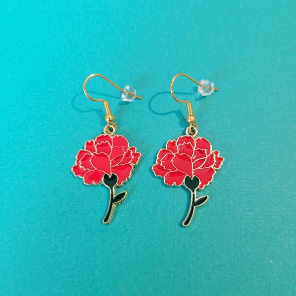 Red Carnation Flower Earrings - Brass Enamel Charms - Hypoallergenic Hooks