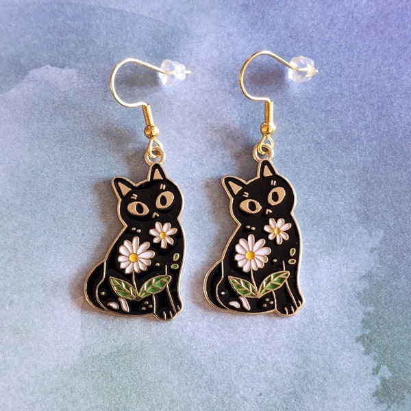 Flower Cat Enamel Earrings - Stainless Steel Earrings