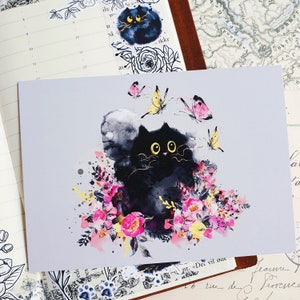 Carte postale mignonne de chat et de papillons/carte postale de chat noir/carte postale de nature