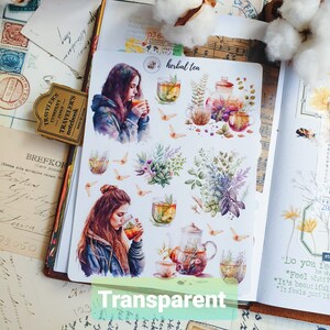 Adesivos de chá de ervas/adesivos de café/adesivos de meninas de chá/folha de adesivos de natureza transparente