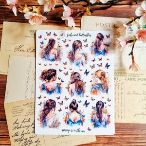 Adesivos de meninas e borboletas/adesivos de natureza/adesivos de meninas de primavera/folha de adesivos de natureza de vinil fosco