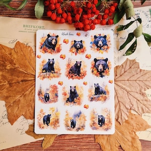 Pegatinas de oso negro otoñal/pegatinas de otoño/pegatinas de naturaleza/hoja de pegatinas de vinilo mate/pegatinas de planificador
