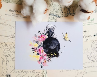 Black cat and butterfly postcard/cat postcard/ nature postcard