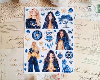 May include: A sheet of stickers with a celestial theme. The stickers feature illustrations of women, owls, cats, stars, moons, and other celestial objects. The stickers are on a white background and have a blue, gold, and white color scheme. The text "celestial story" is printed at the top of the sheet.