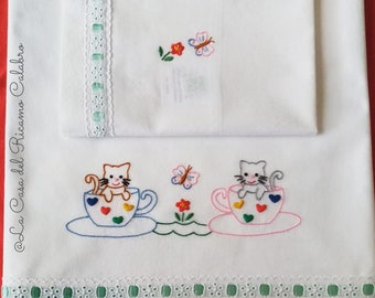 Embroidered cotton sheets and pillowcase for pram or cot