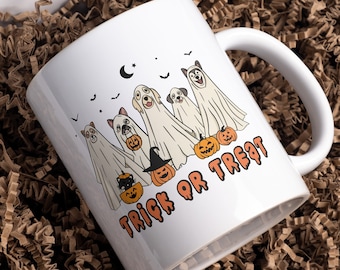 Halloween Dog Mug, Funny Dog Mug, Trick Or Treat Mug, Ghost Dogs Mug, Funny Halloween Tea Cup, Spooky Season Mug, Retro Halloween Coffee Mug