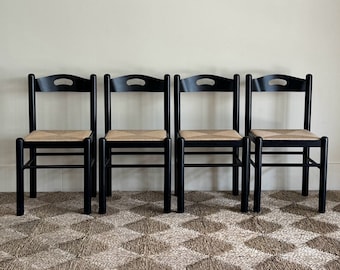 S/4 1980s Black Lacquered & Rush Dining Chairs