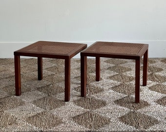 S/2 Vintage Cane Stacking Side Tables Mid Century