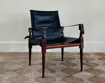 Vintage Mid Century M.Hayat & Brothers Rosewood with Black Leather Safari Chair