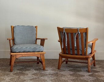 Pair 1950s Knotty Pine Armchairs with new Checkered Upholstery