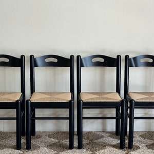 S/4 1980s Black Lacquered & Rush Dining Chairs image 2
