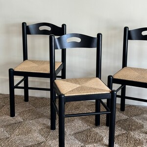 S/4 1980s Black Lacquered & Rush Dining Chairs image 3