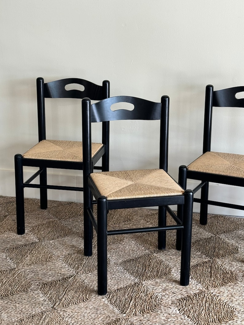 S/4 1980s Black Lacquered & Rush Dining Chairs image 3