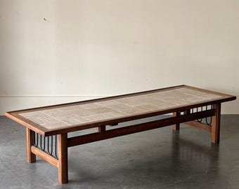 Mid Century Modern Walnut + Travertine & Iron Coffee Table 1950s