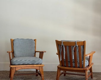 Pair 1950s Knotty Pine Armchairs with new Checkered Upholstery