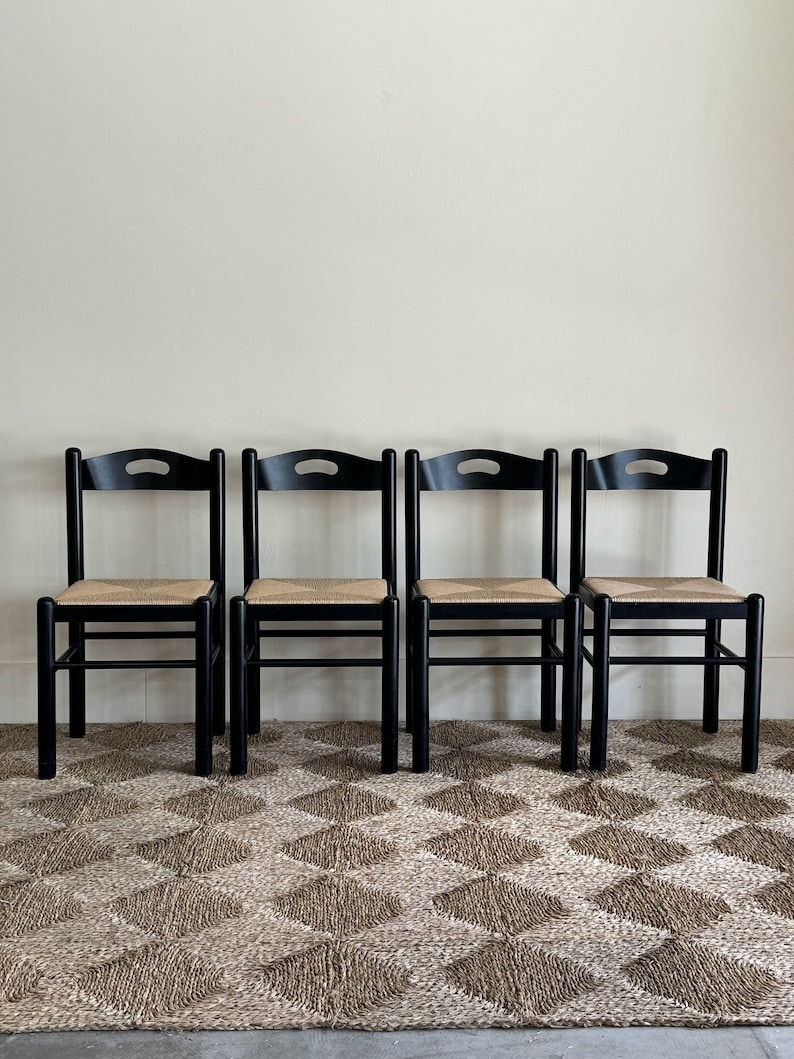 S/4 1980s Black Lacquered & Rush Dining Chairs image 1