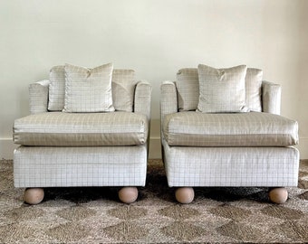 Pair 1970s Upholstered Cream Tiled Mohair Chairs with Oak Feet