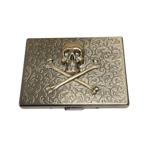 Handmade Antique Brass Embossed Skull And Crossbones Cigarette Case