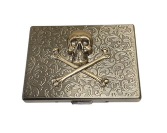 Handmade Antique Brass Embossed Skull And Crossbones Cigarette Case