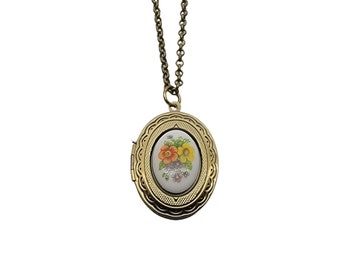 Handgemaakte Vintage Bloemen Limoges Cameo Medaillon Ketting