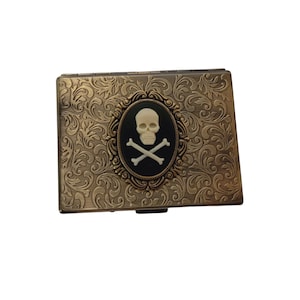 Handmade Antique Bronze Embossed Skull And Crossbones Cameo Cigarette Case