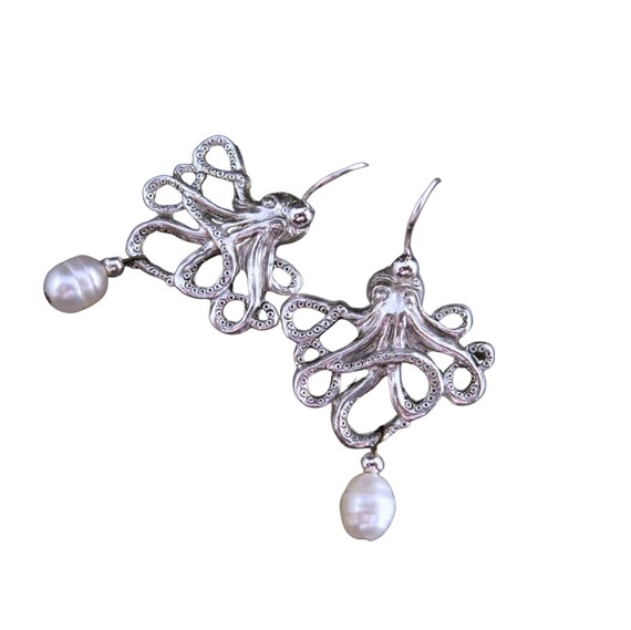 Handmade Oxidized Brass Octopus Freshwater Pearl Earrings 
