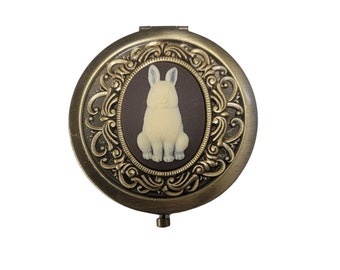 Handmade Victorian Oxidized Brass Bunny Cameo Compact Mirror