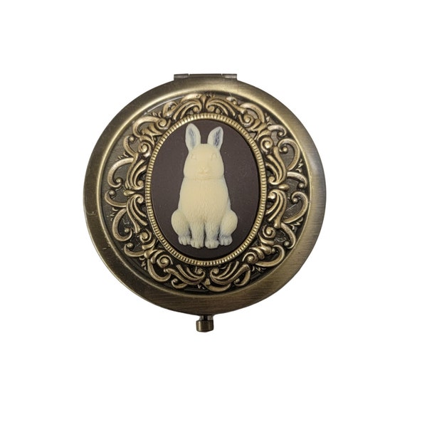 Handmade Victorian Oxidized Brass Bunny Cameo Compact Mirror