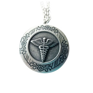 Handmade Antique Silver Caduceus Medical Symbol Locket Necklace