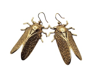 Large Handmade Oxidized Gold Cicada Earrings