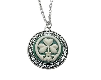 Handmade Irish Claddagh Shamrock Cameo Necklace