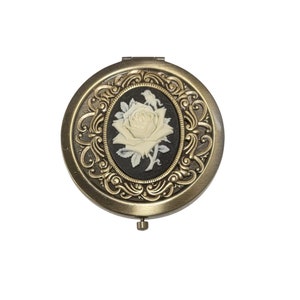 Handmade Victorian Oxidized Brass Rose Cameo Compact Mirror