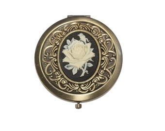 Handmade Victorian Oxidized Brass Rose Cameo Compact Mirror