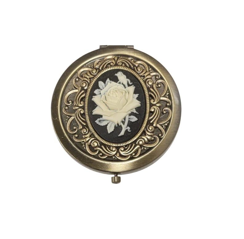 Victorian Makeup Guide & Beauty Products History     Handmade Victorian Oxidized Brass Rose Cameo Compact Mirror  AT vintagedancer.com