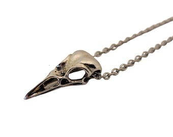 Handmade Antique Silver Raven Skull Necklace