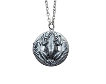 Handmade Antique Silver Frog Toad Locket Necklace