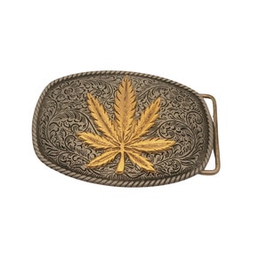 Handmade Oxidized Silver And Gold Marijuana Leaf Belt Buckle