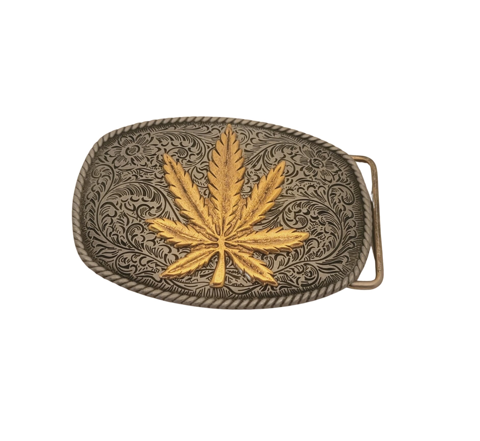Handmade Oxidized Silver and Gold Marijuana Leaf Belt Buckle  display picture 2