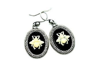 Handmade Silver Bee Cameo Earrings