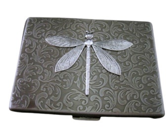 Estuche para cigarrillos Steampunk con libélula en relieve de plata antigua hecho a mano