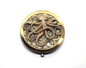 Handmade Oxidized Brass Octopus Compact Mirror