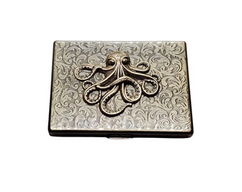 Handgemaakte antieke bronzen octopus-sigarettenkoker met reliëf